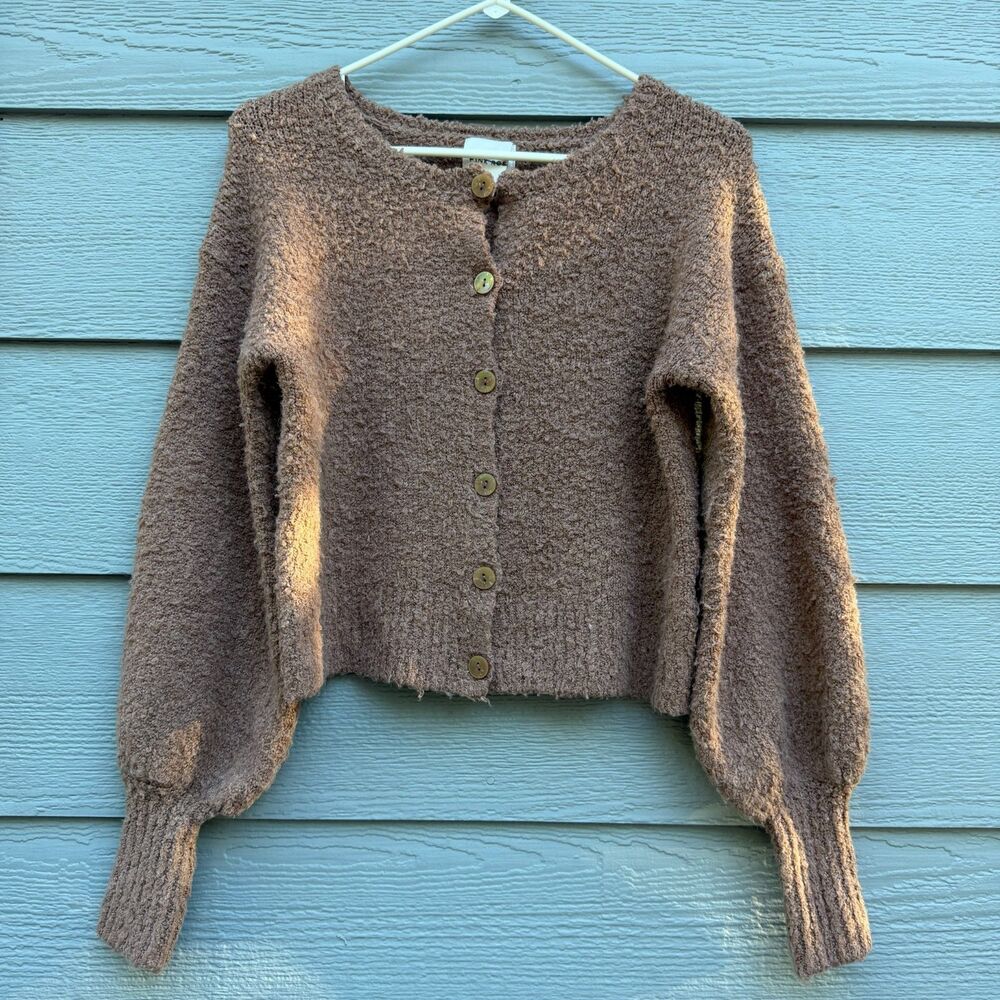 Pink Rose S Cropped Fluffy Cardigan Womens Brown Boucle Knit Cozy Soft Sweater